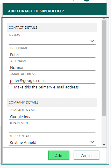 Du kan tilføje en ny person til SuperOffice CRM via sidepanelet -screenshot