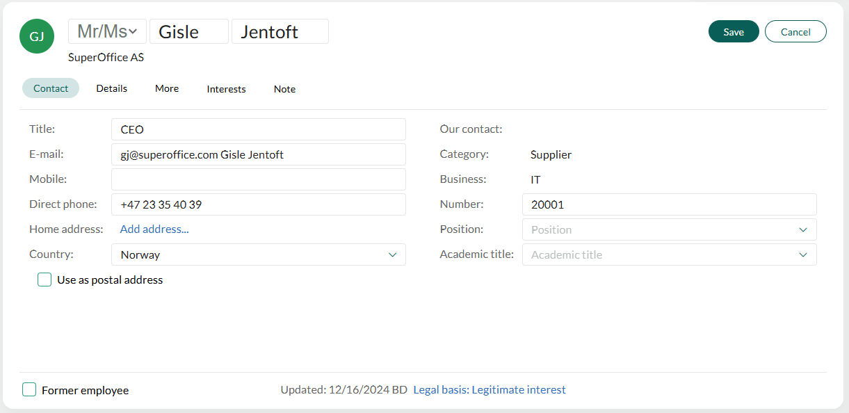 Het scherm Persoon in bewerkingsmodus, met contactgegevens. -screenshot