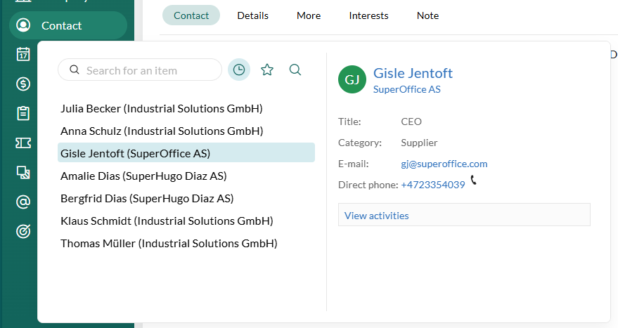 Alternativer i navigatoren i SuperOffice -screenshot