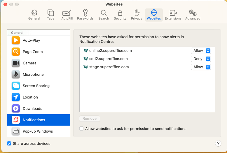Fjern blokeringen af systemnotifikationer i Safari -screenshot