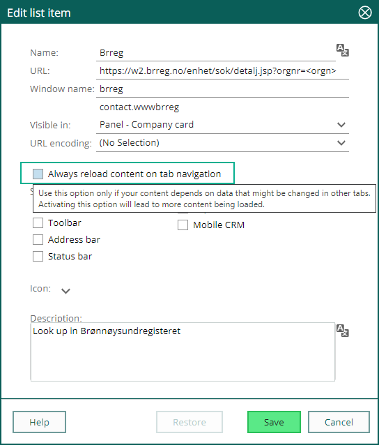 Lists - GUI Web panel with reload settings -screenshot