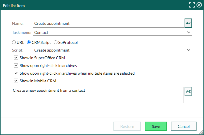 Task menu dialog -screenshot
